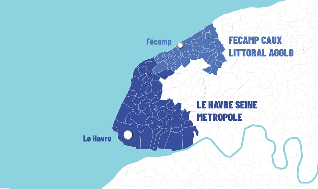 Territoire d'intervention du Havre Seine Développement, soit les intercommunalités de Le Havre Seine Métropole et Fécamp Caux Littoral Agglo