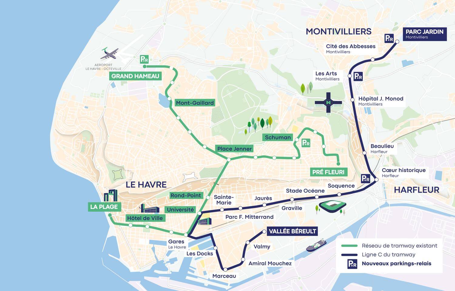 Carte de la nouvelle ligne C du tramway au Havre
